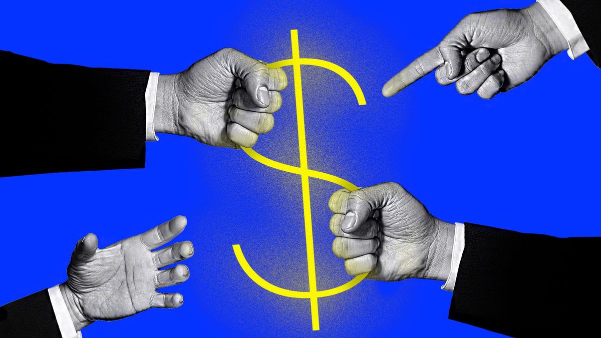 Hands grasping for control of a dollar sign.