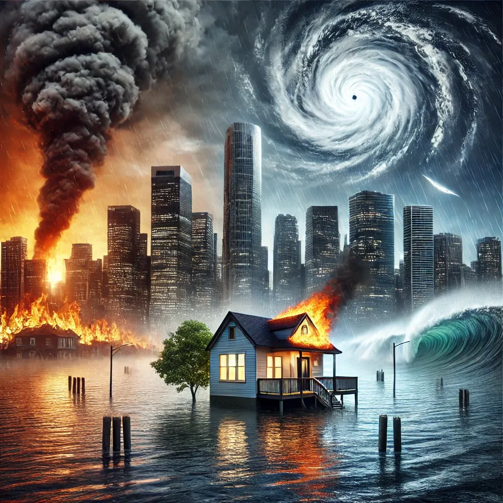 Illustration of a house sitting in the middle of floodwaters while on fire as a hurricane and wildfire approach