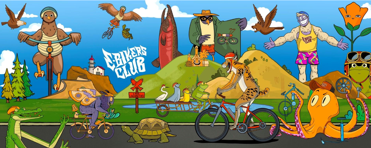 Variety of cartoon drawings of animals and bikes with E-Bikers Club logo