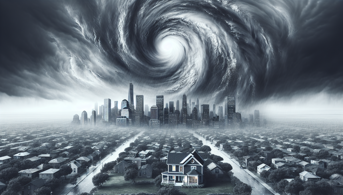 Large hurricane looming over a house sitting in the middle of a large city