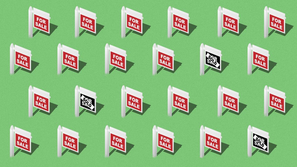 Illustrated pattern of FOR SALE signs with only a few having "SOLD" written across them.