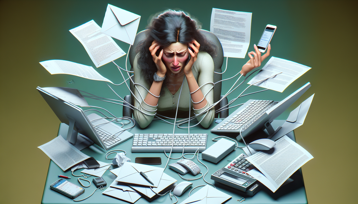 A frustrated woman with a computer, letters, and a cell phone, signifying exhaustion from reaching out via many channels without getting a big response