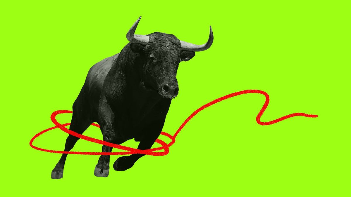 Illustration of a wall street bull with a lasso around its feet.