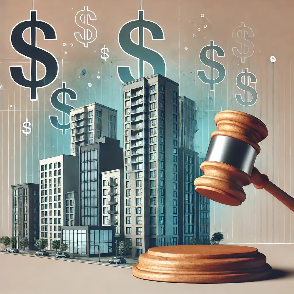 a court gavel in front of an illustration of highrise apartments with large dollar signs floating above