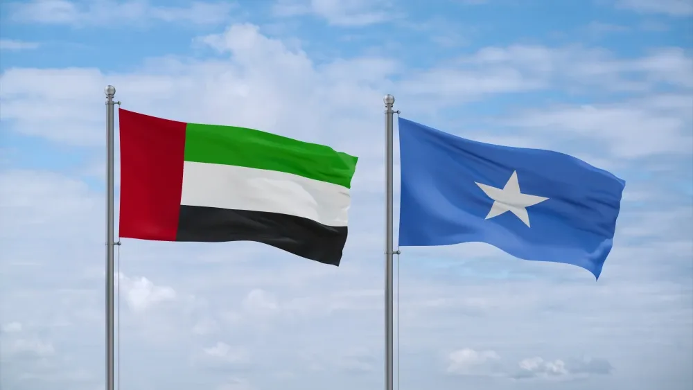 Flags of the United Arab Emirates and Somalia flutter in the wind.  Shutterstock