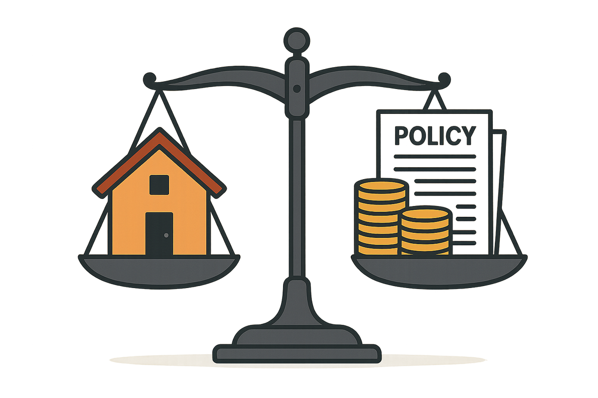 Scale icon balancing a house on one side and stacked coins plus policy documents on the other.
