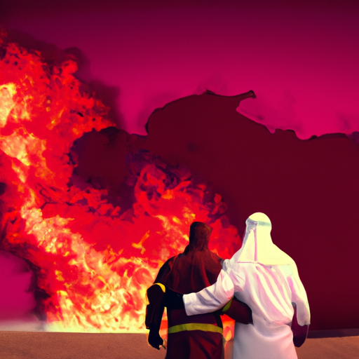 Put a picture together of two people who are both arsonist and firefighter. Have a huge inferno in the background. Put a Qatari flag as the landscape.