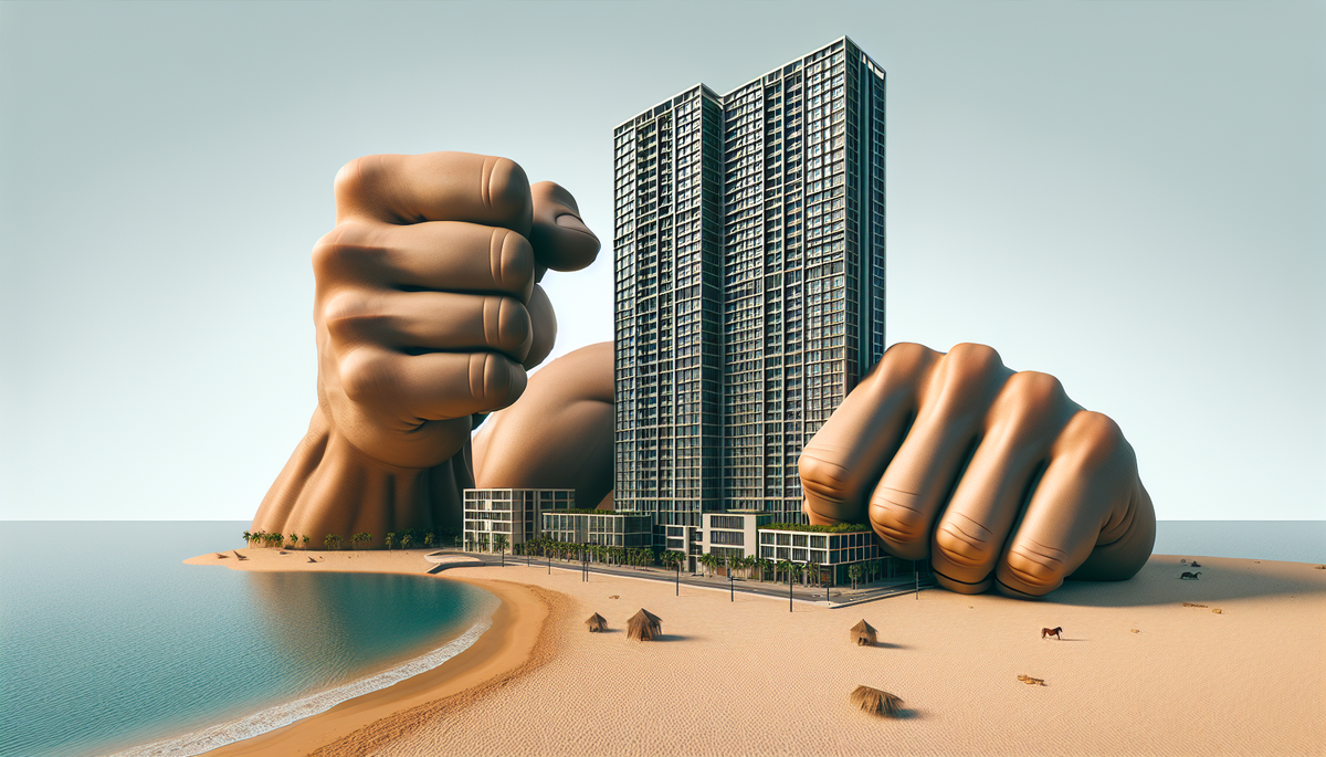 a high-rise building facing a beach that has large fists on each side of it, threatening to crush the building between them.