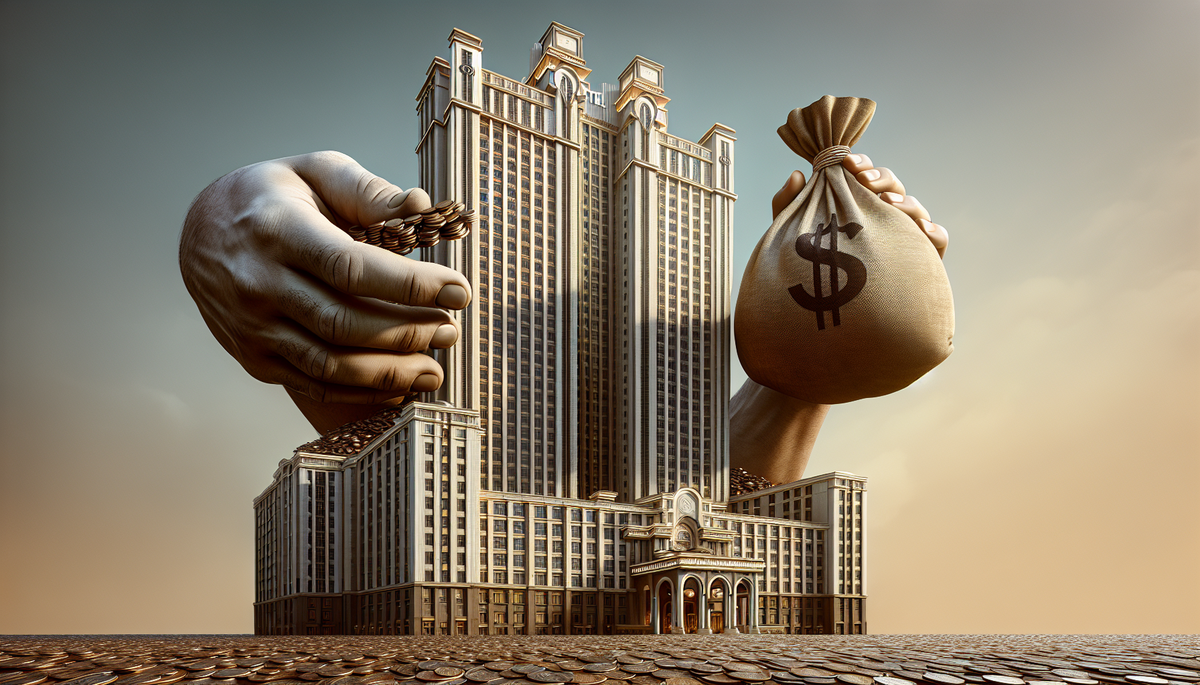 a hotel standing tall with one giant hand holding a bag of money over the hotel, and handing that bag of money to another giant hand