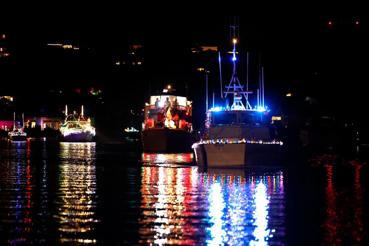 Twinkly lights on boats during the San Rafael Canal Lighted Boat Parade