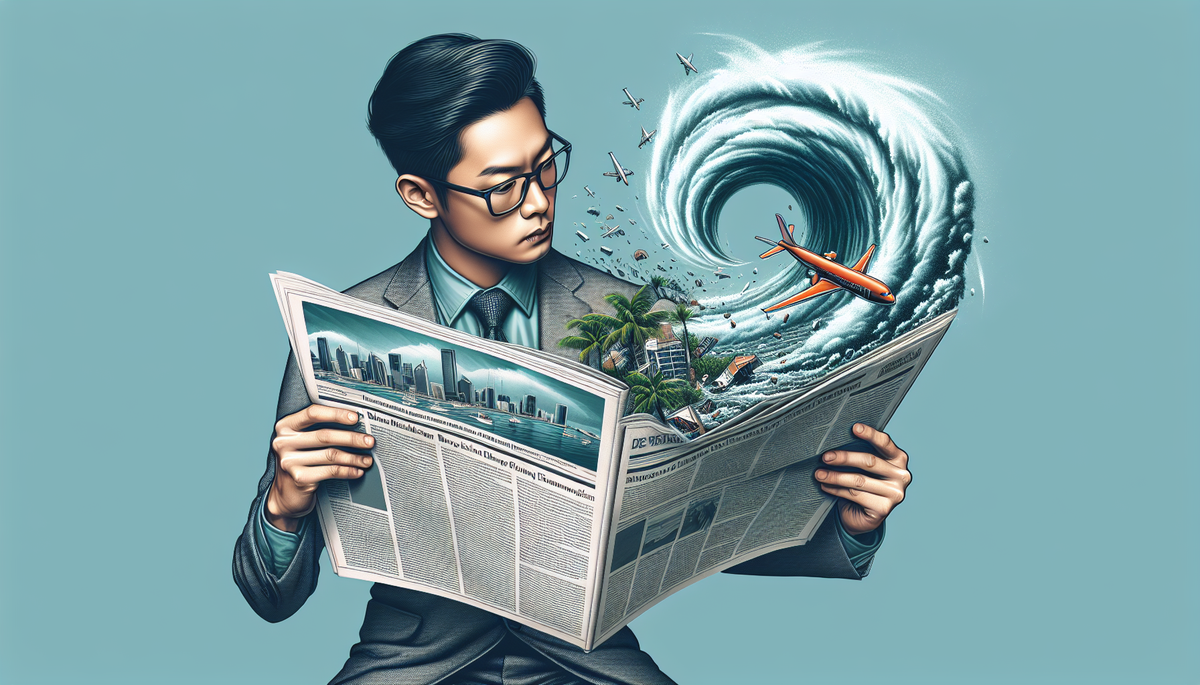 A man holding a newspaper in front of him to read it as a giant hurricane jumps out of the front page