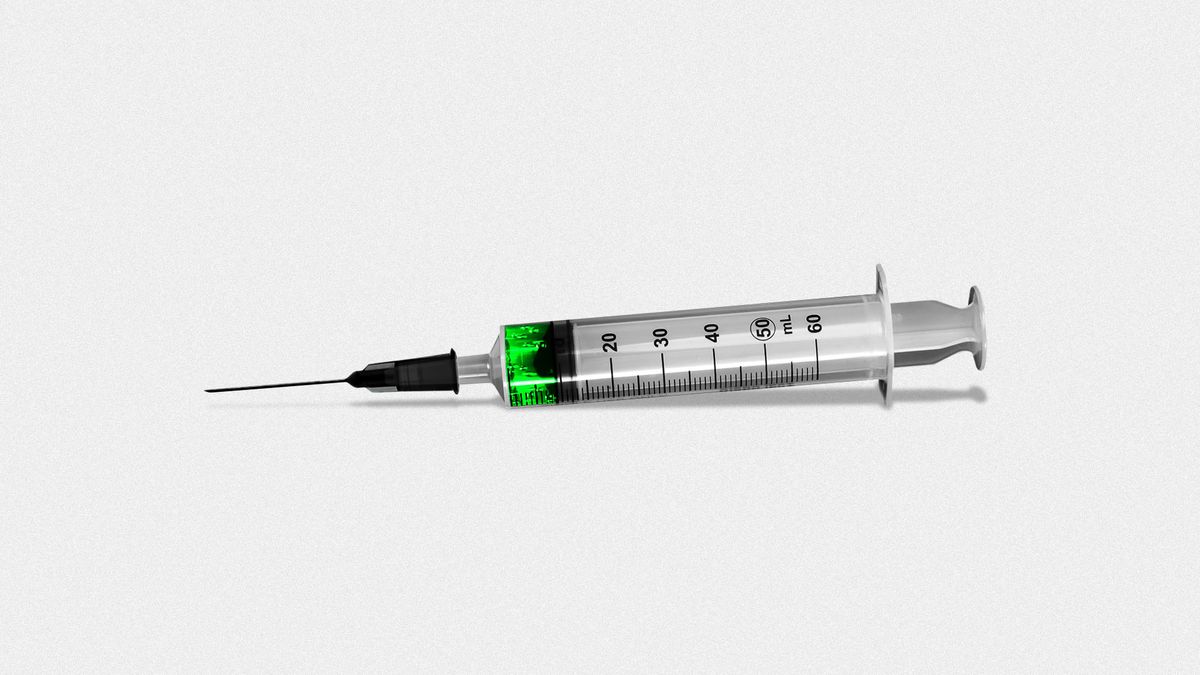 An Illustration of a syringe filled with green viral fluid