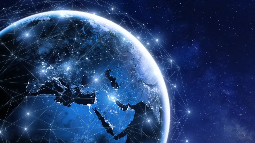 A NASA image shows the global communication network for the exchange of information by the internet and connected satellites for finance, cryptocurrency, or Internet of Things technology.  Shutterstoc...
