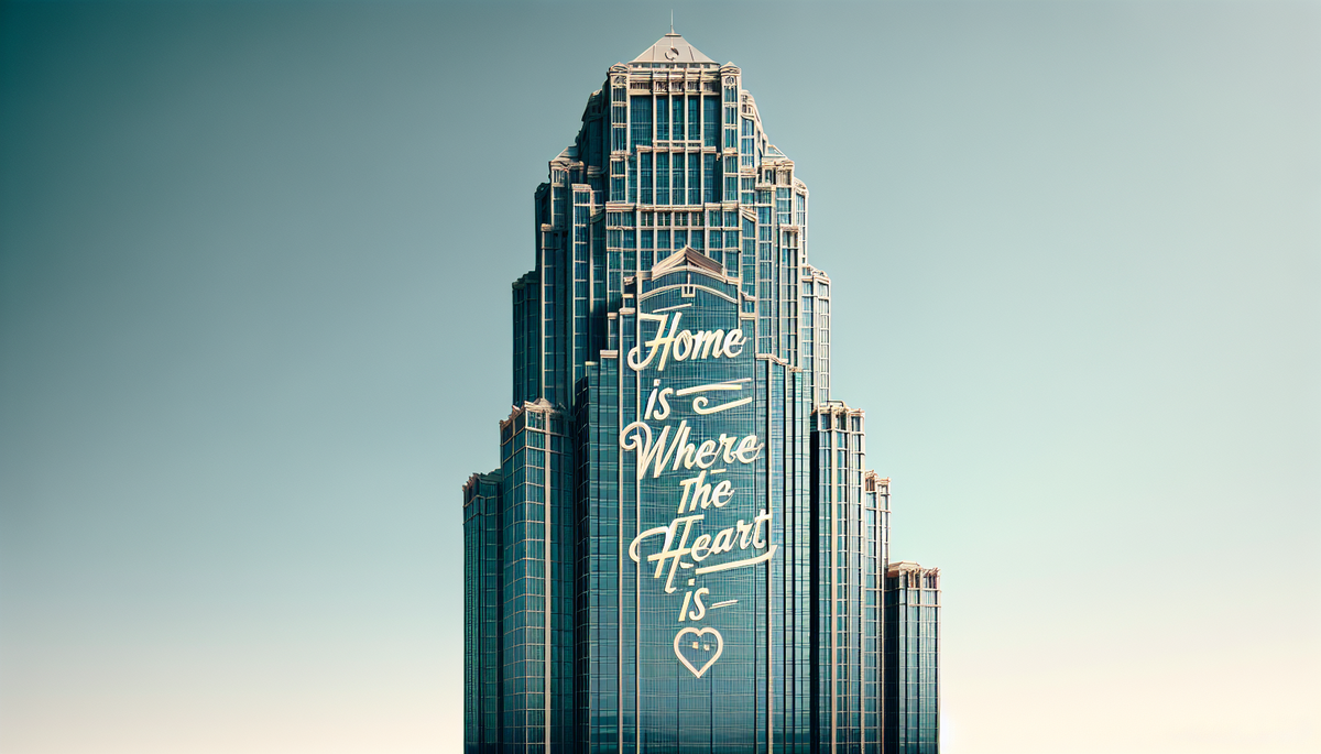 An office skyscraper with "home is where the heart is" written above it