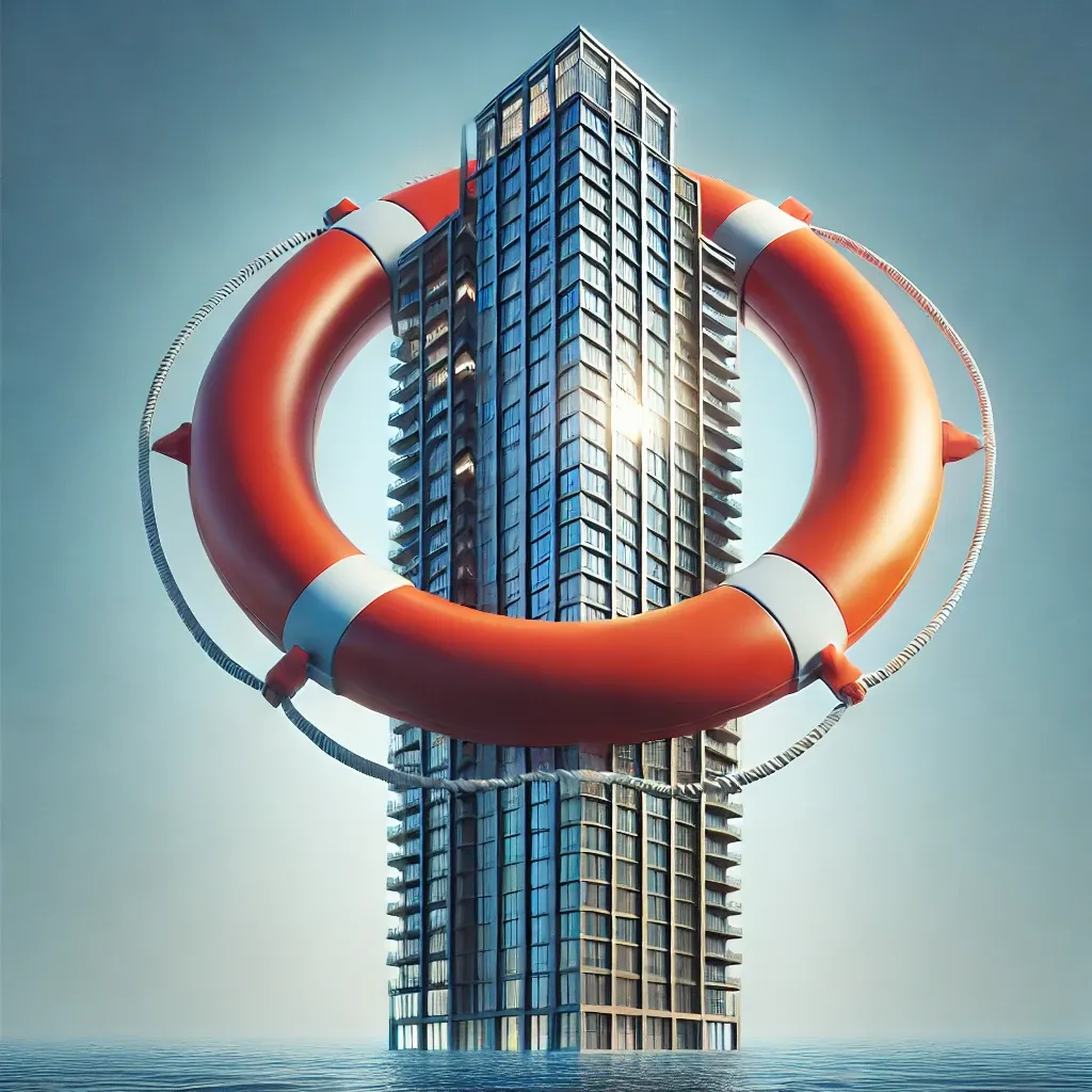 Skyscraper with a red and white life preserver around it