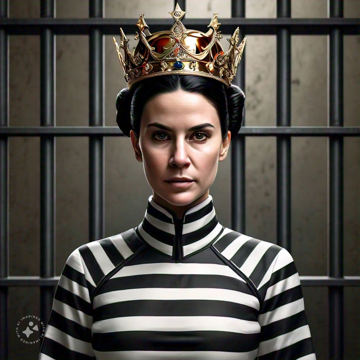 a queen wearing a crown and prison uniform in front of prison bars