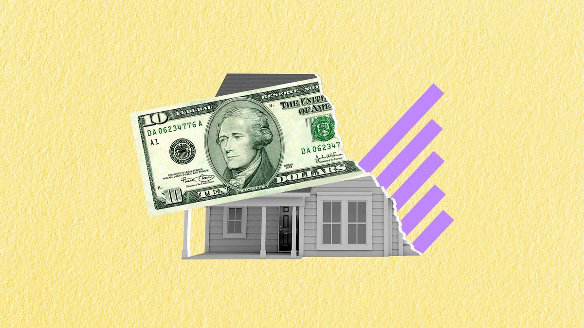 Illustration of a $10 bill on a house, both are torn
