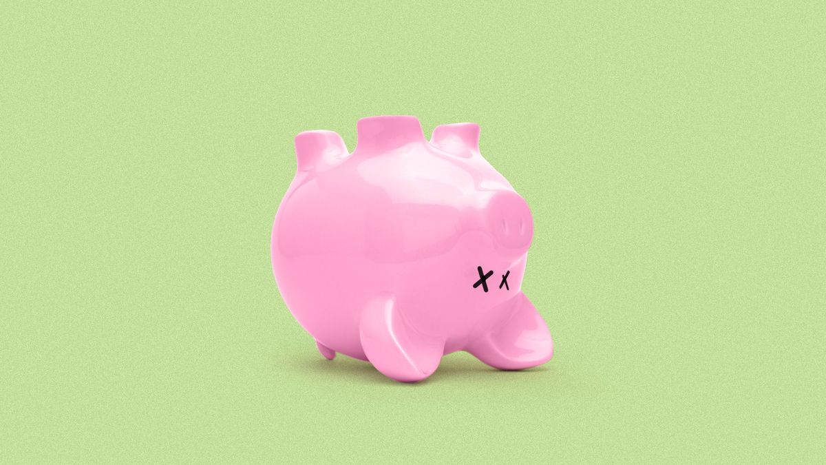In this illustration, a piggy bank with two x's over its eyes lays on its back