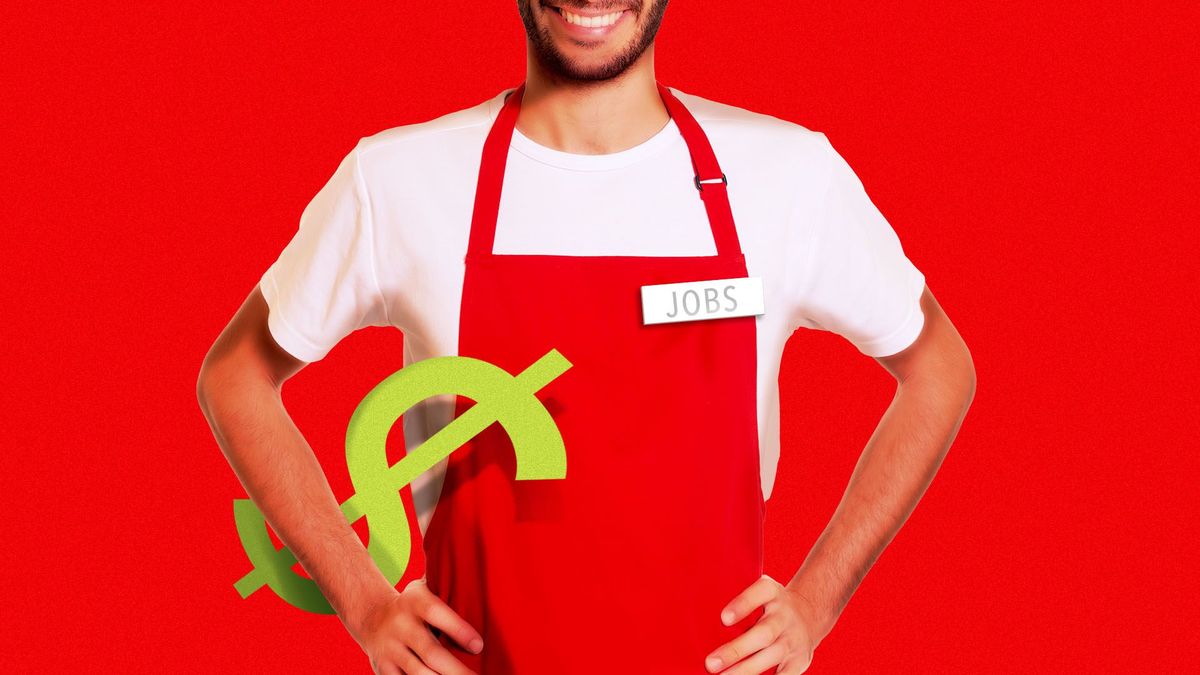 Illustration of a man wearing a red apron and a nametag, with a dollar sign under his arm