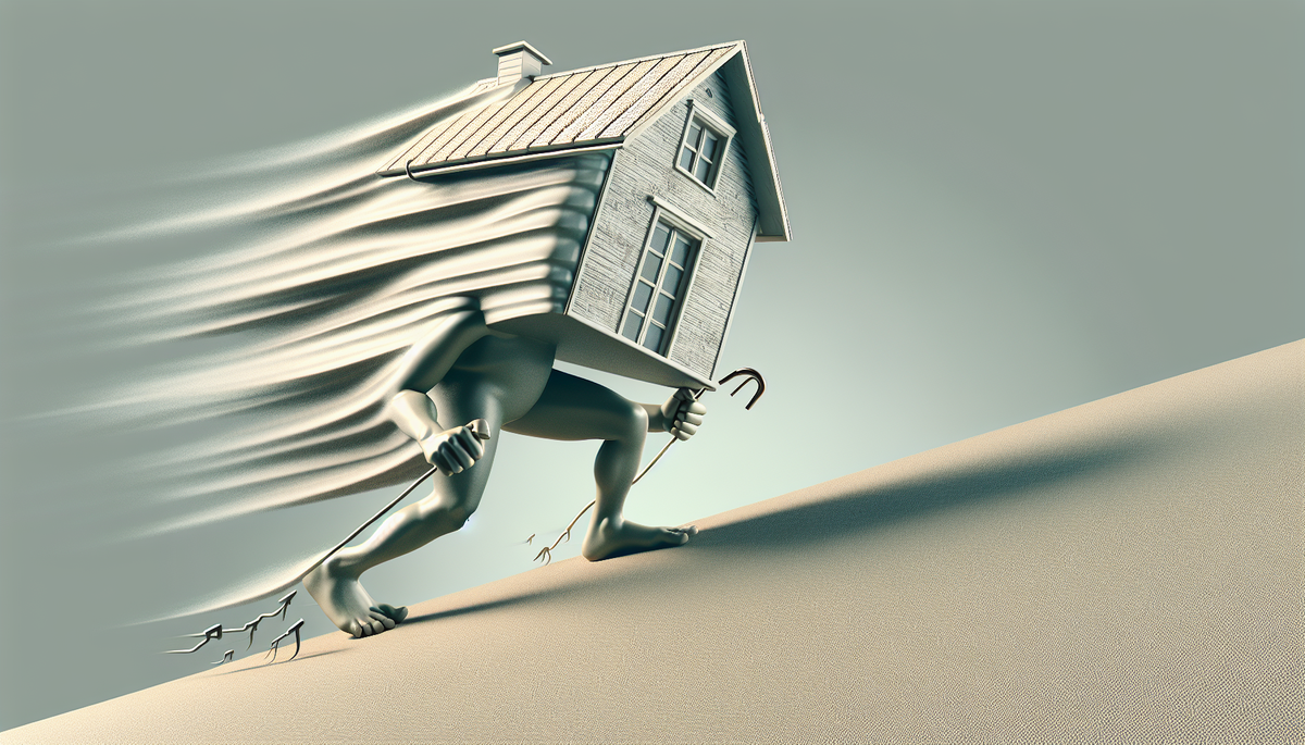 A house walking uphill into a headwind