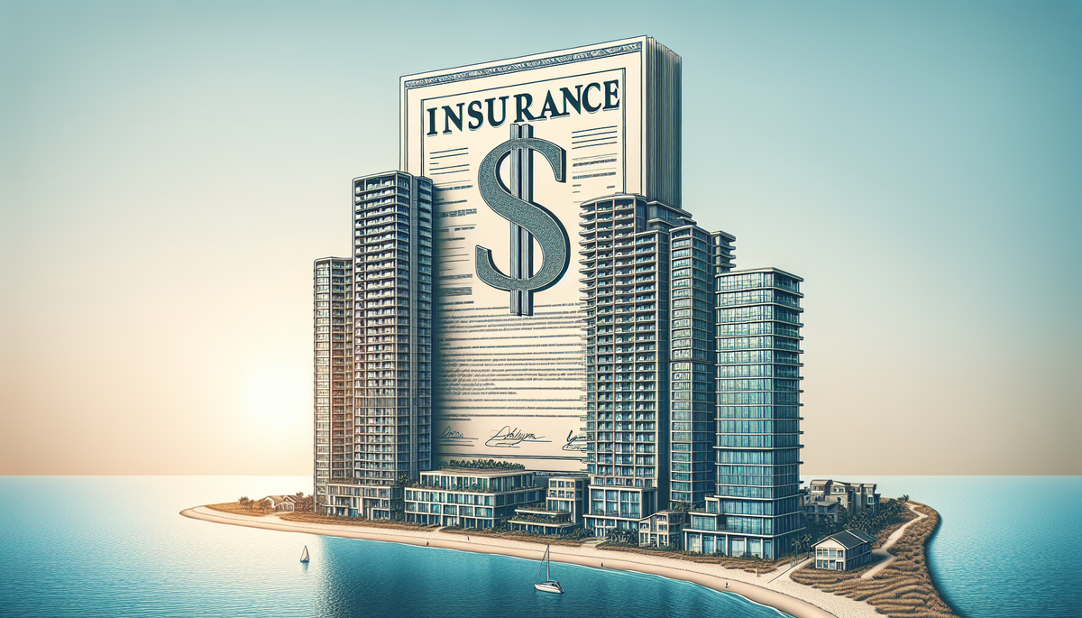 a giant insurance policy with a big dollar sign on it hanging over a high-rise condominium sitting on a beach