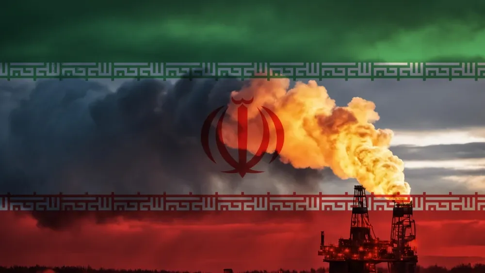 A natural gas drilling rig with the flag of Iran in the background.  Shutterstock