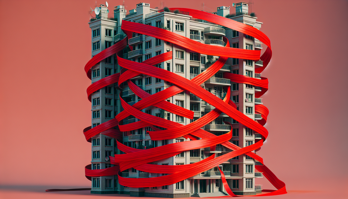 Red tape wrapped around an apartment building