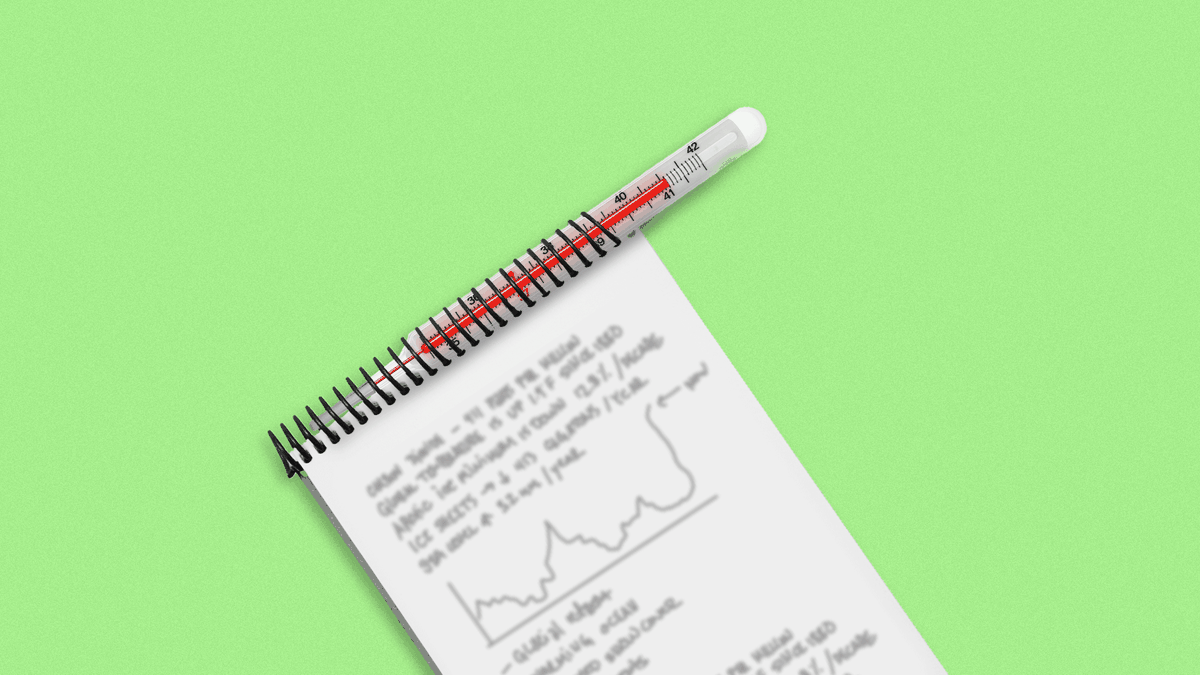 Illustration of a reporter's notebook with a thermometer in the spiral.