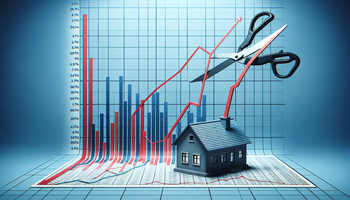 A graph with a red line rising to the right, but then a large pair of scissors comes down from the top and cuts the red line, and a house is in the background almost transparent