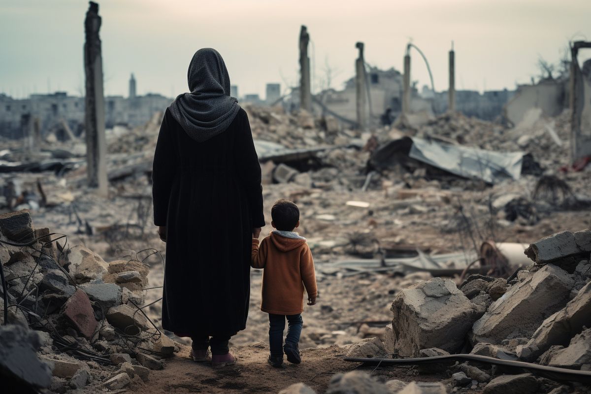 Mother and Child look at the wreck of Gaza.