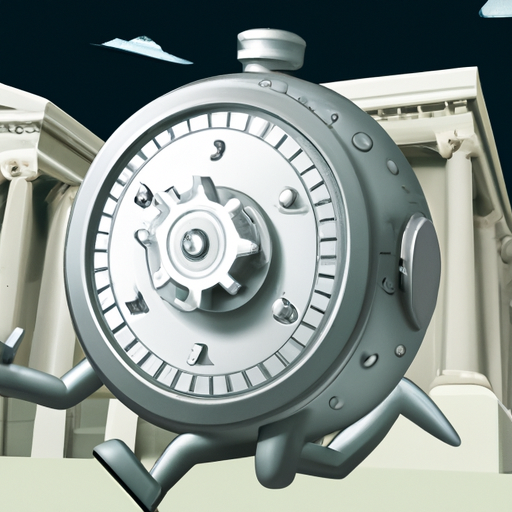 Cartoon style bank vault running away from a cartoon U.S. Capitol
