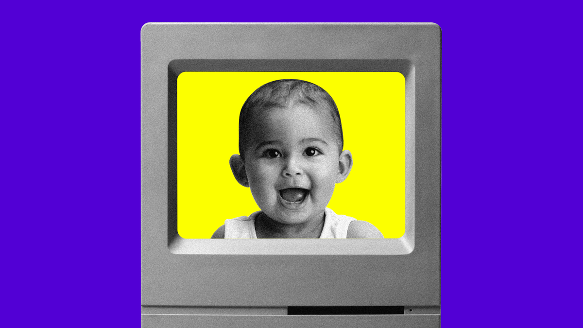 A computer with a toddler in the screen