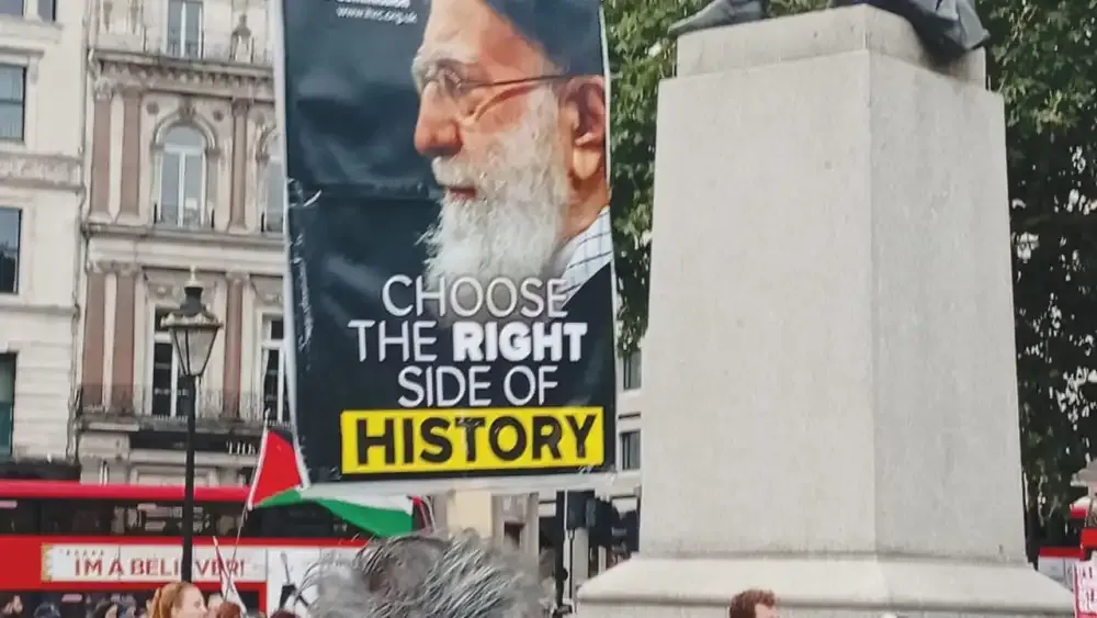 A poster of Iranian Supreme Leader Ayatollah Ali Khamenei is seen at a major Palestine Action rally in central London's Trafalgar Square.  Photo: Jonathan Spyer