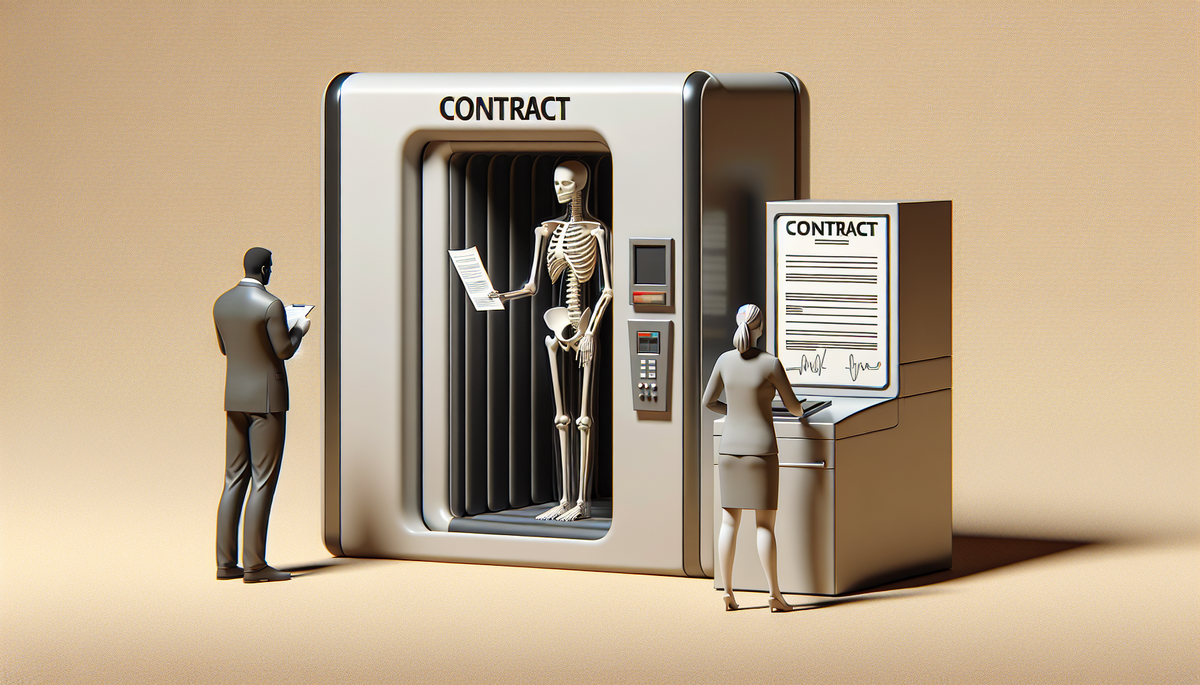 a contract standing to the left of a giant x-ray machine aimed at it from the right, with a man and woman standing to the left of the contract