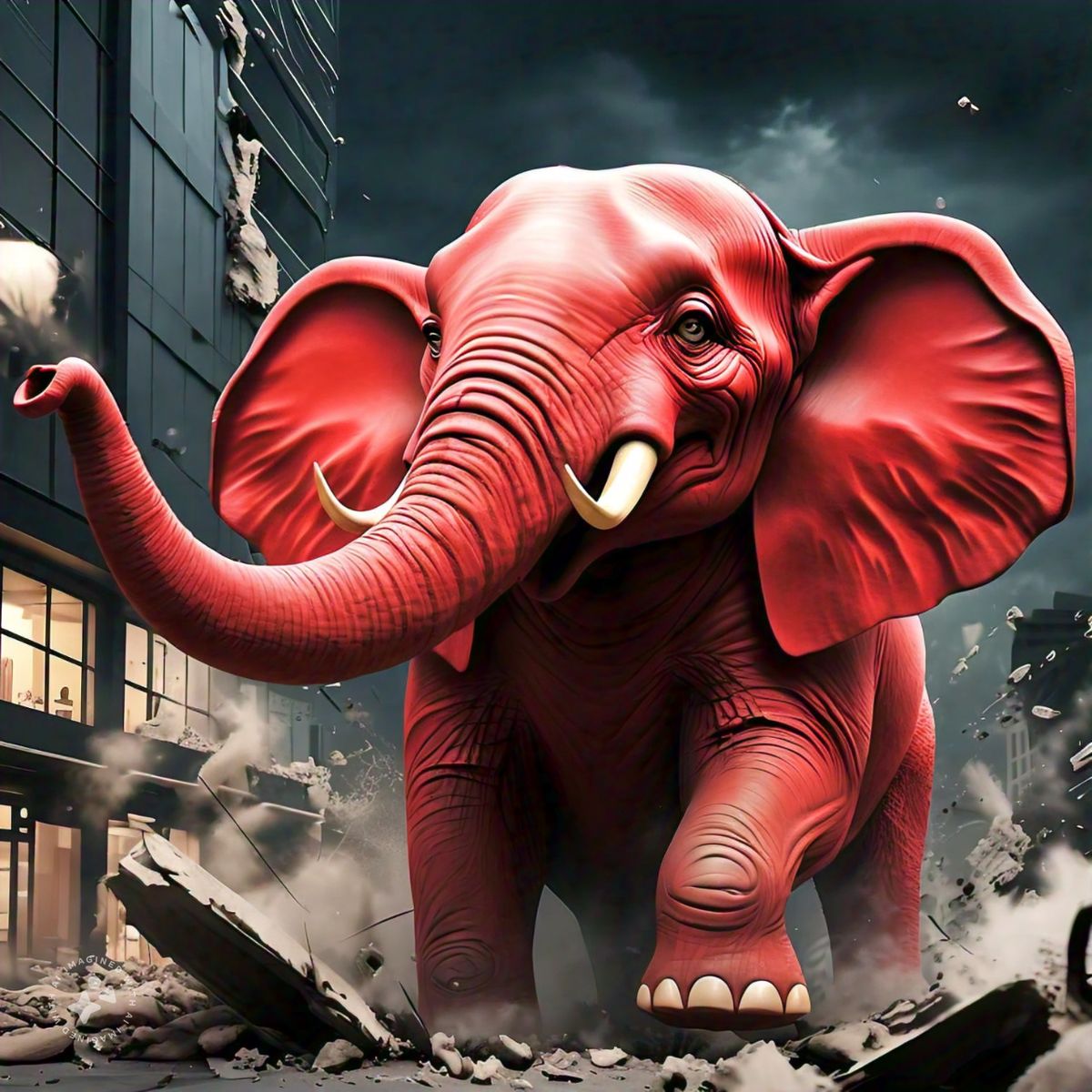 Red elephant running down a crushed street