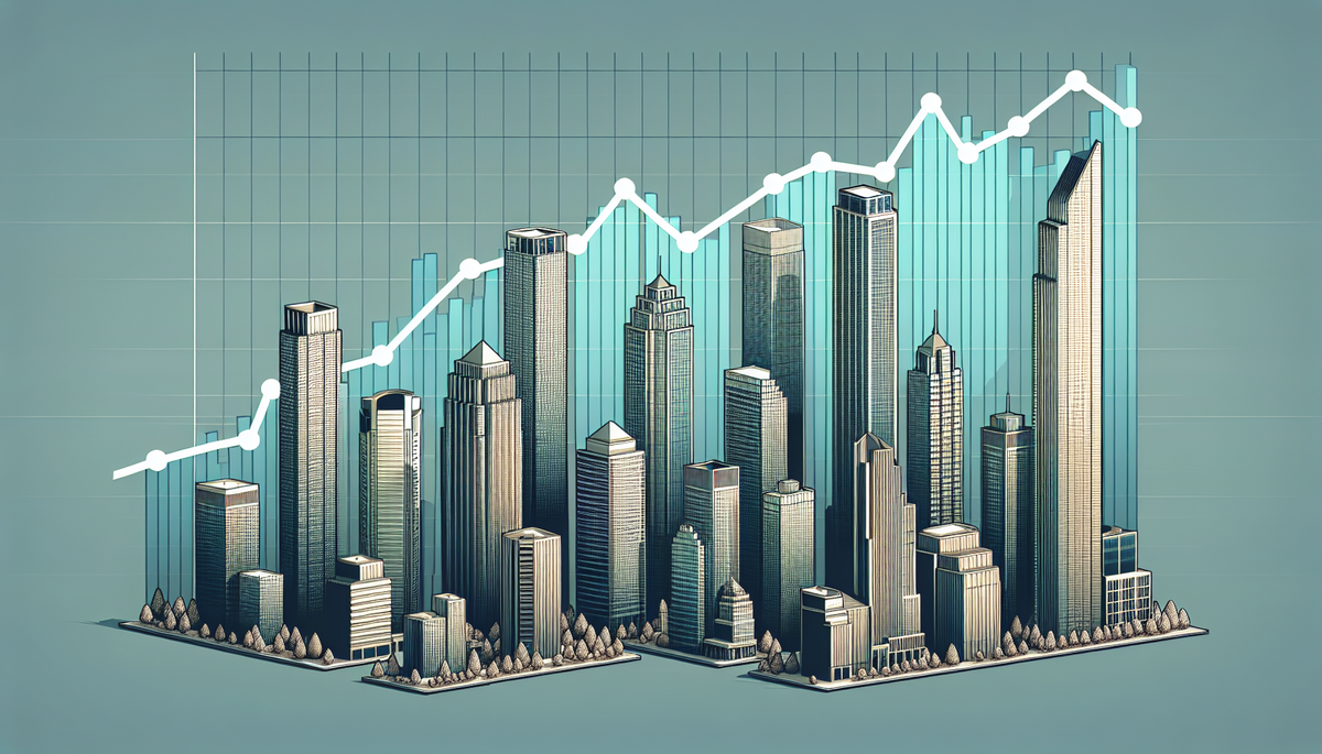 AI Generated image of a city scape of buildings with a graph line rising behind them