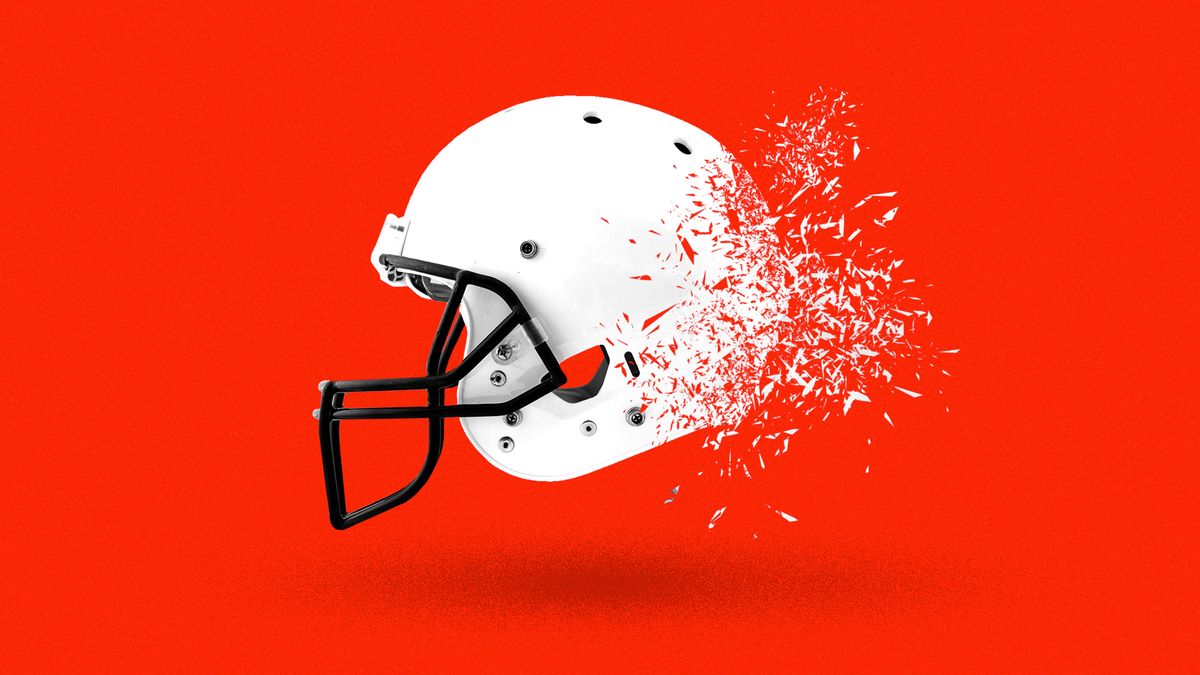 Illustration of a football helmet shattering from the back