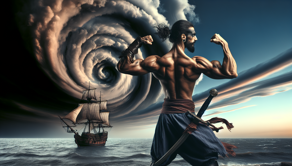 a pirate flexing his muscles as a hurricane approaches