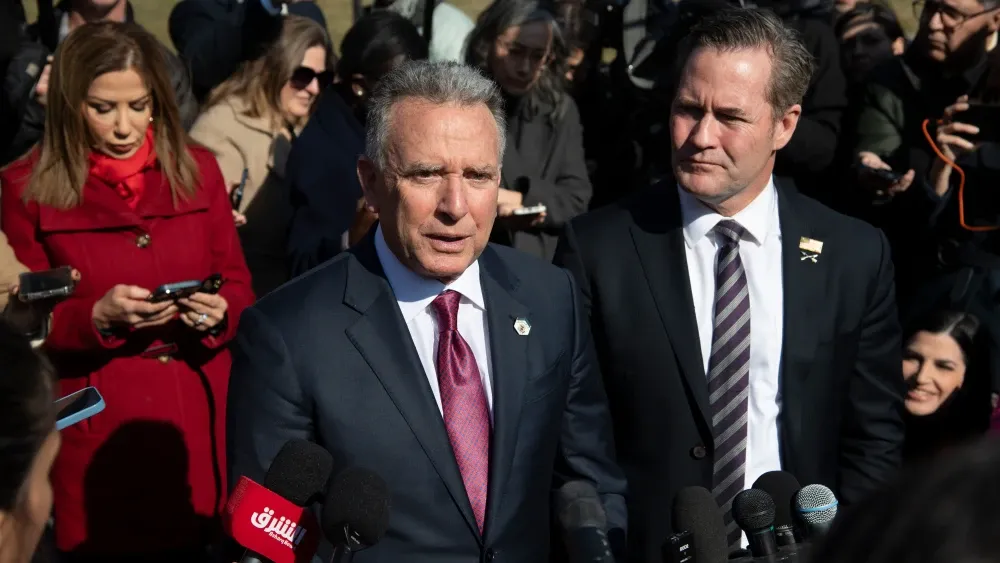 Special Envoy to the Middle East Steve Witkoff and United States National Security Adviser Michael Waltz speak to the press outside the White House; Feb. 4, 2025. Shutterstock