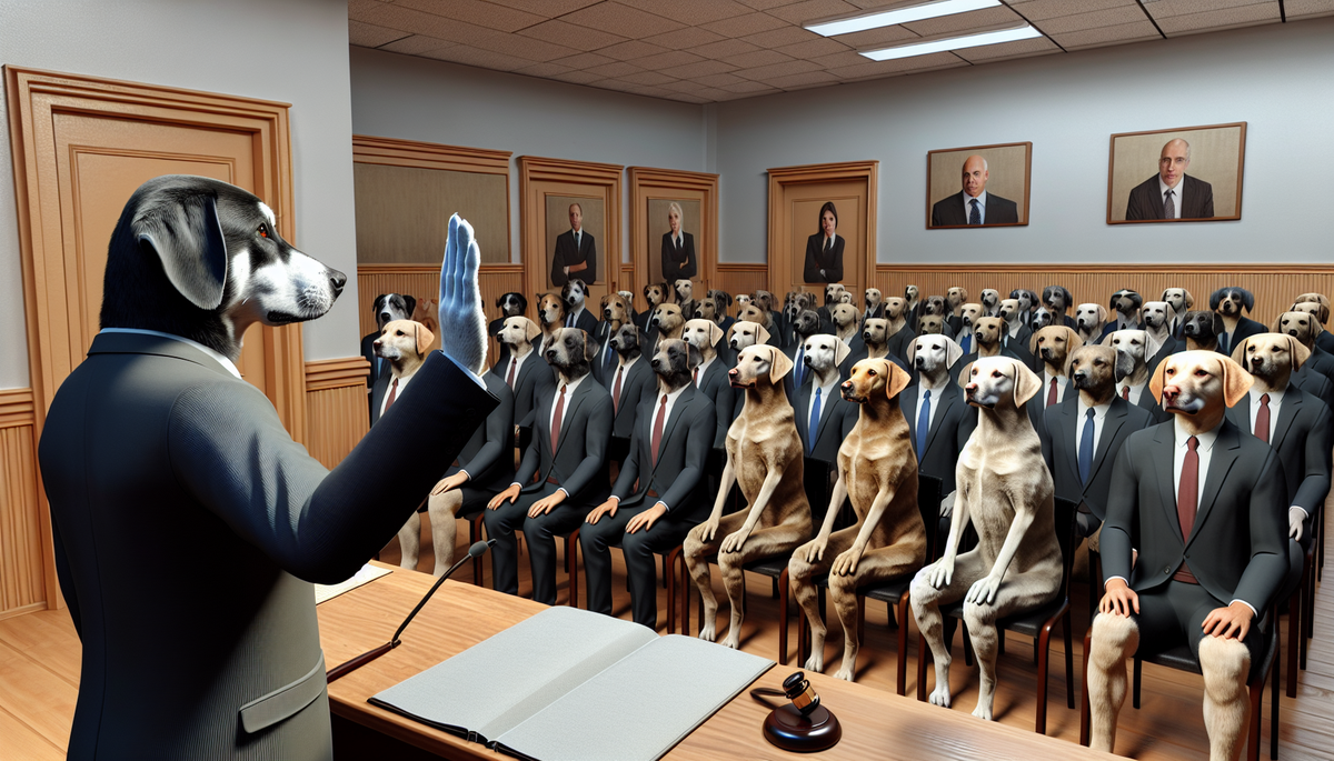 A dog taking an oath to testify in court before a jury of 12 other dogs, and a judge that's a dog.