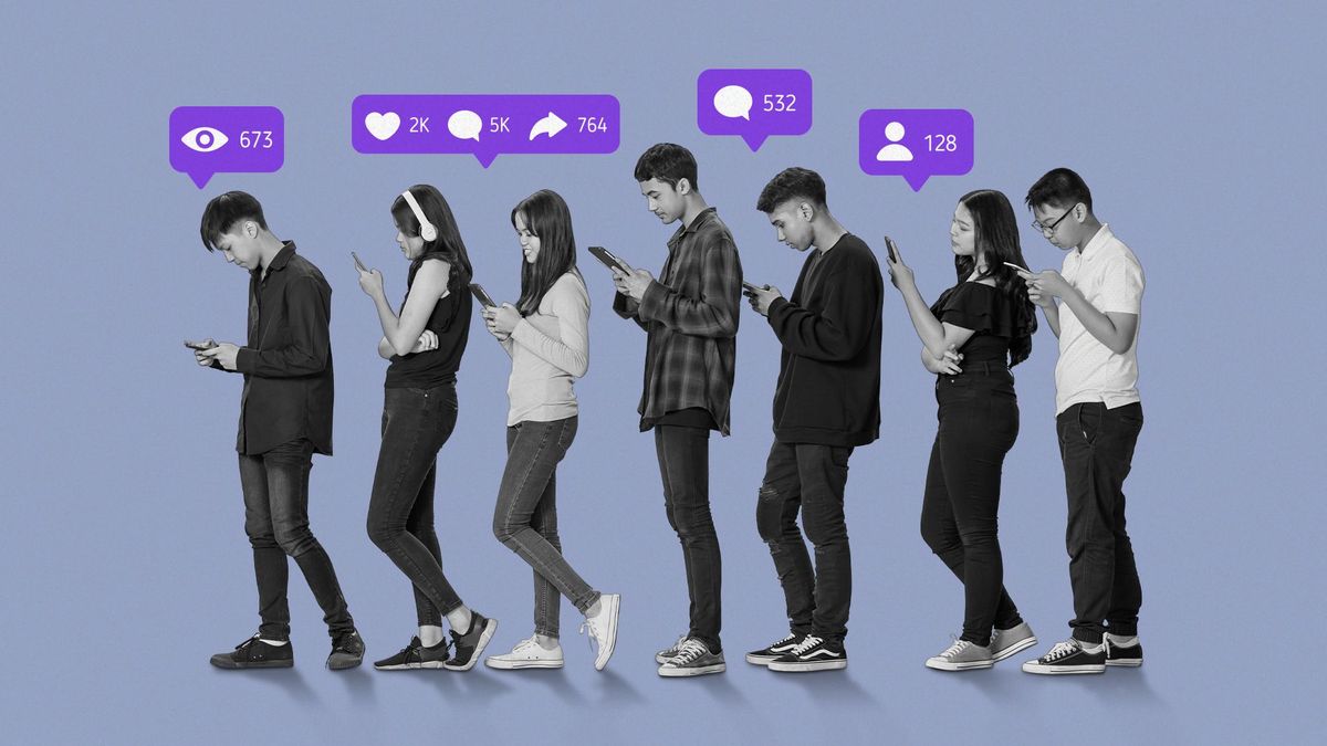 An illustration of young people checking their phone and their "likes" on social media