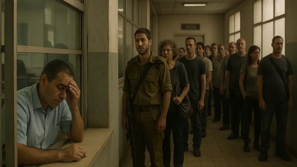 At a government office in Tel Aviv, citizens wait in weary silence as a clerk works through a growing line—an ordinary scene that has become a quiet symbol of Israel's postwar fatigue and persistence.