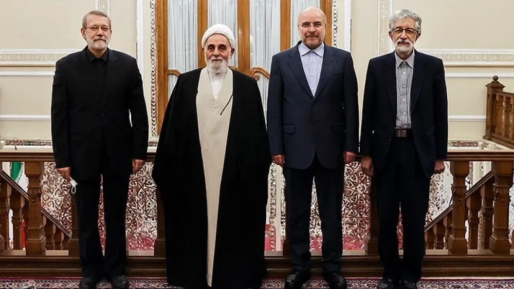 From left, Iranian parliamentarians Ali Larijani, Ali Akbar Nategh-Nouri, Mohammad Bagher Ghalibaf, and Gholam-Ali Haddad-Adel in 2023.  Hamed Malekpour, CC BY-SA 4.0, via Wikimedia Commons