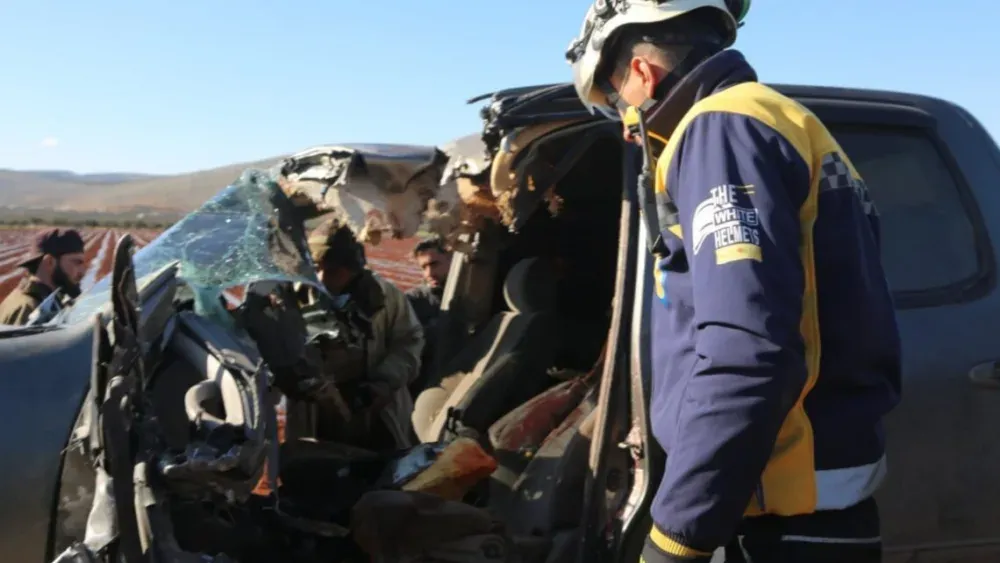 The destroyed car of Muhammad Yusuf Ziya Talay, a Turkish national and al-Qaeda figure, after it was struck by a U.S. drone using an AGM-114R9-X Kinetic Hellfire R9X blade missile. Photo: Syrian Civi...