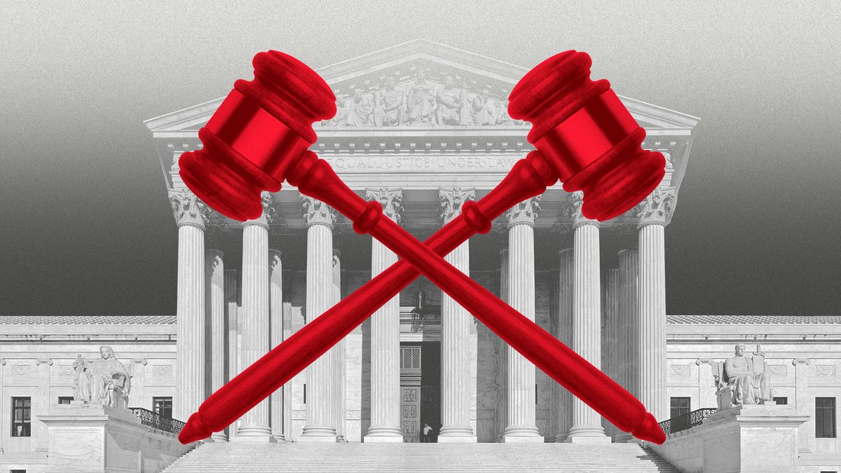 Illustration of two gavels forming an x in front of the Supreme Court building