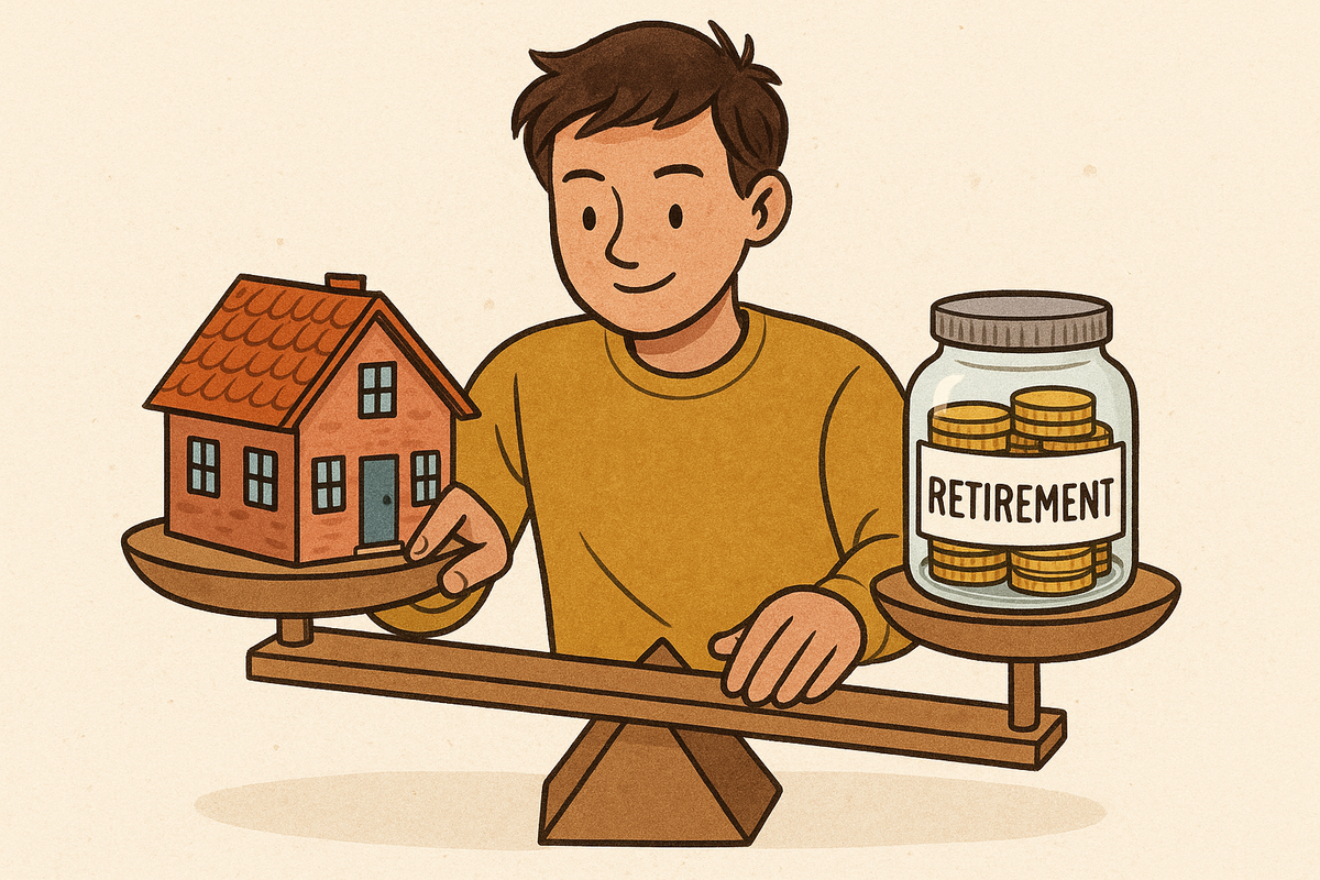 an image where a young person chooses a house over retirement