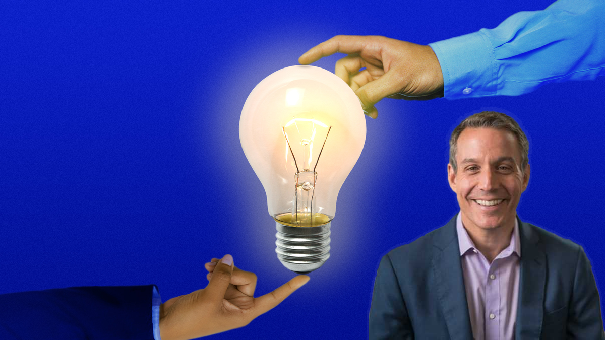 Photo of Andrew Deutscher in the bottom right corner over an image of two people touching a light bulb and it lighting up