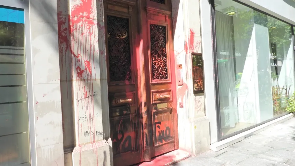 Pro-Hamas thugs vandalized the El Al office in Paris in August 2025, spraying the building with red paint and writing antisemitic statements.  Shutterstock