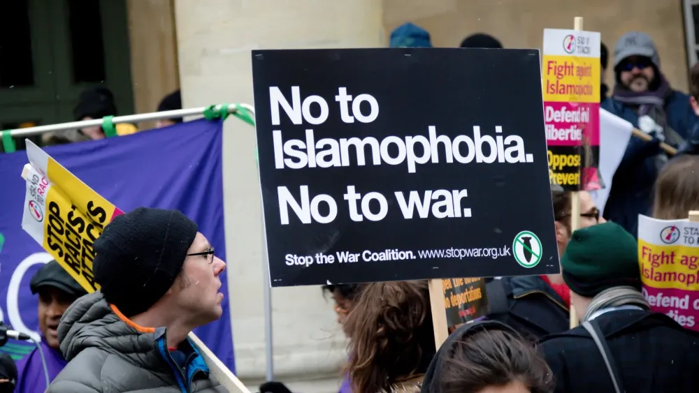 Protesters stigmatize the discussion of Islam, Islamism, and the behavior of Muslims in the modern world at a rally in London in 2018.  (Shutterstock)