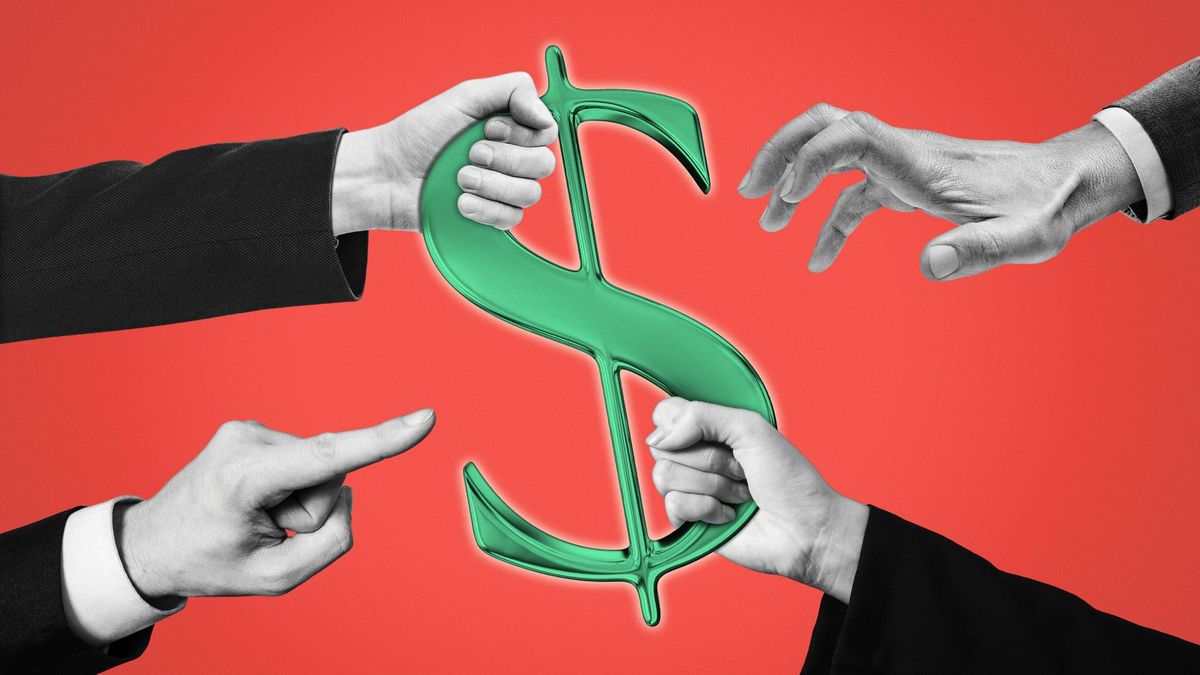Illustration of two hands fighting over a dollar sign and two hands pointing at it